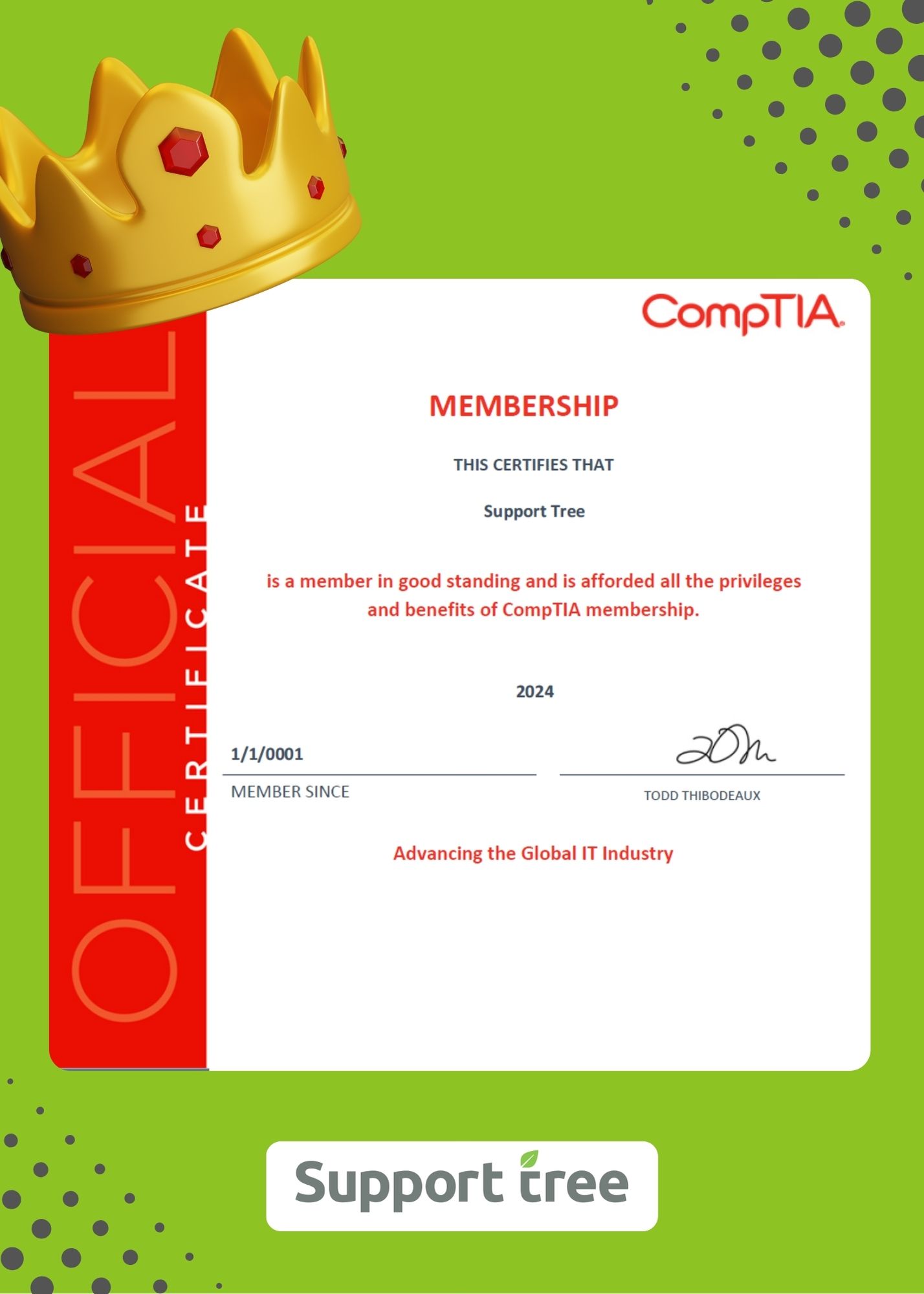 Support Tree Attains Official CompTIA Membership Certificate: A Milestone in IT Excellence