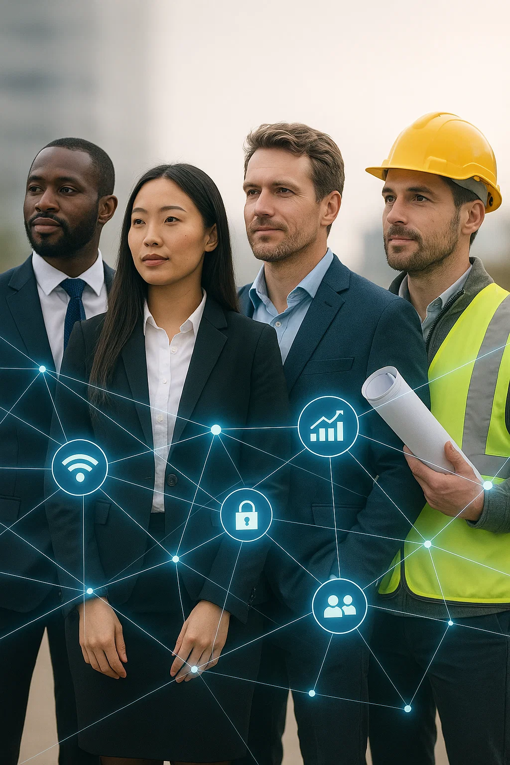 Diverse business professionals from different industries connected through digital technology network icons.