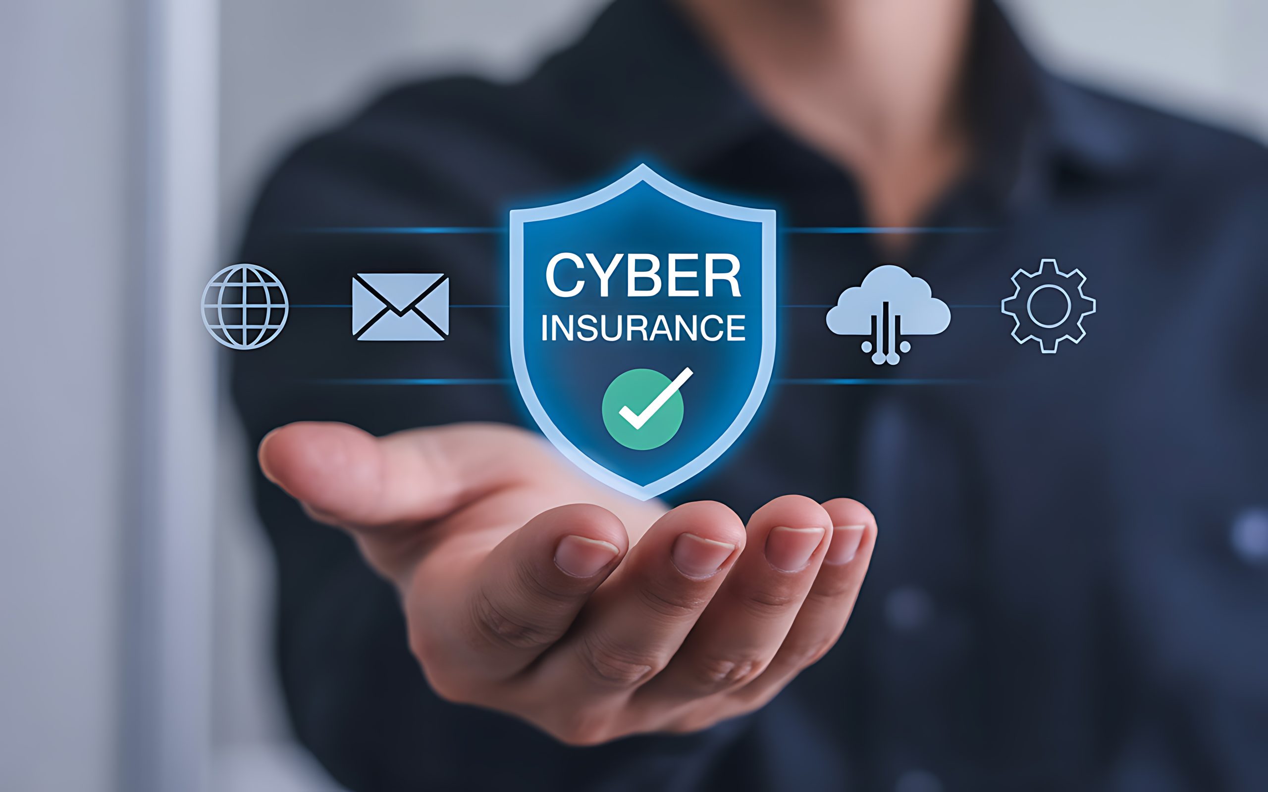 Cyber insurance protection concept showing digital security shield, cloud systems, email protection and cybersecurity governance for UK businesses
