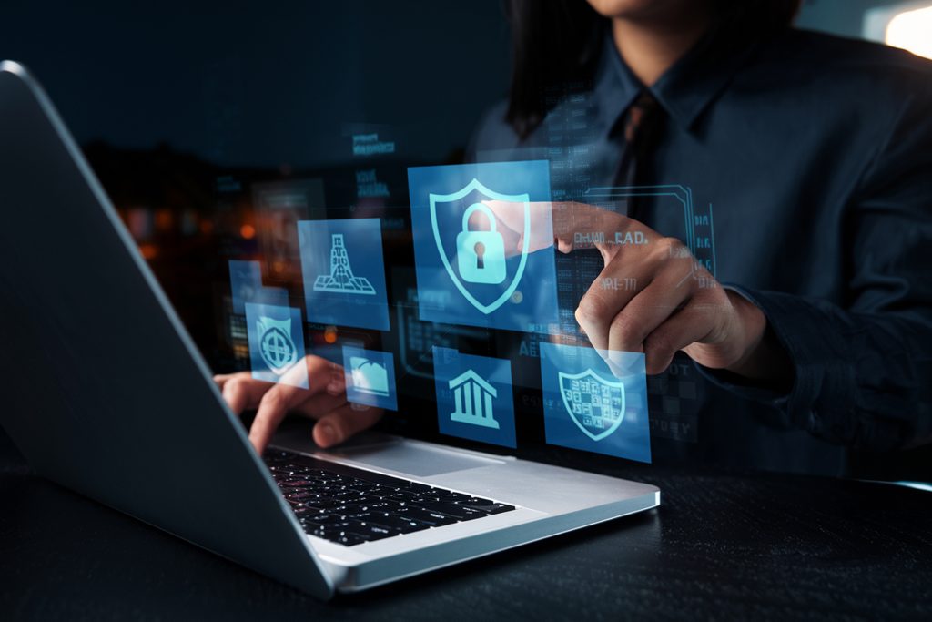Business professional reviewing cybersecurity governance and data protection controls on a laptop with digital security interface and encryption icons