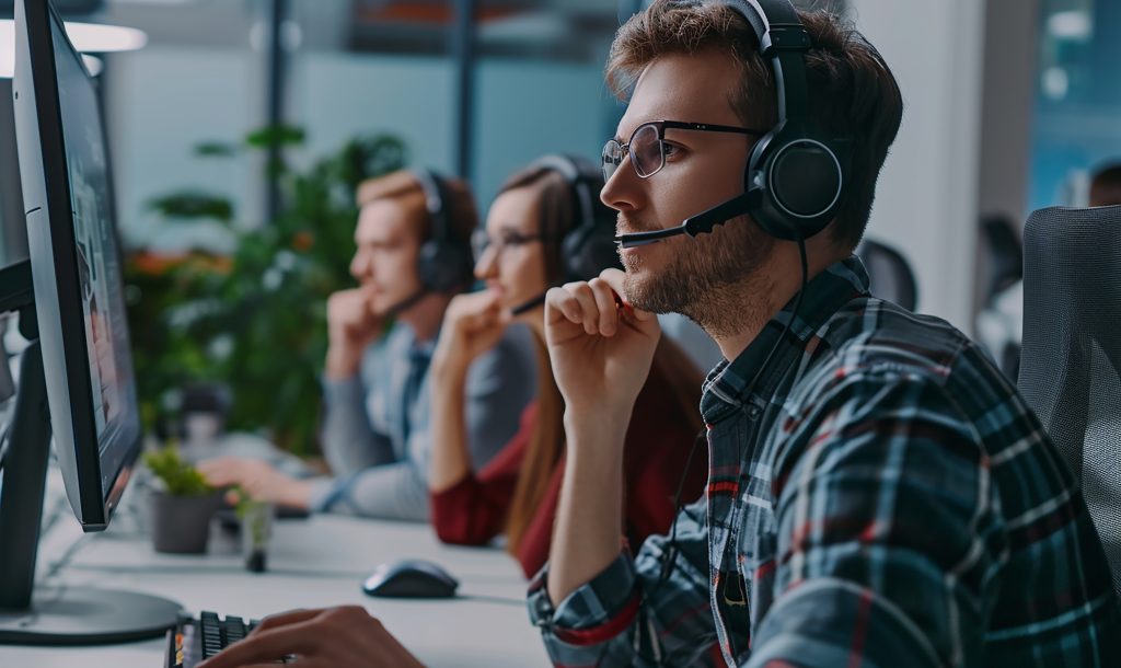 IT support team providing cybersecurity monitoring, technical troubleshooting, and managed IT services in a modern office environment