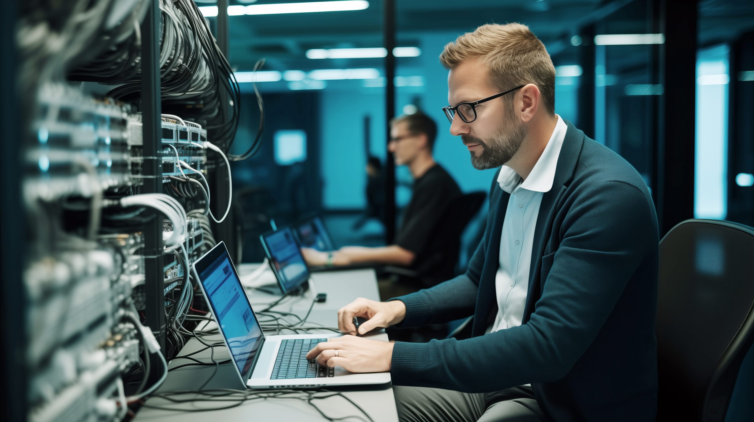 IT specialist managing cybersecurity infrastructure and operational resilience systems in a modern enterprise data centre