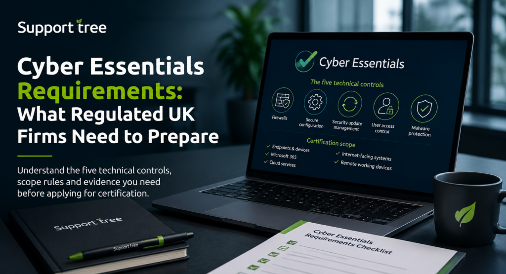Cyber Essentials requirements for regulated UK firms, showing the five technical controls, certification scope and compliance checklist.