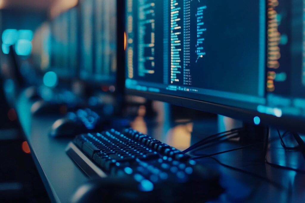 Computer workstation displaying IT systems and software for managed IT services, technical support and cybersecurity monitoring.