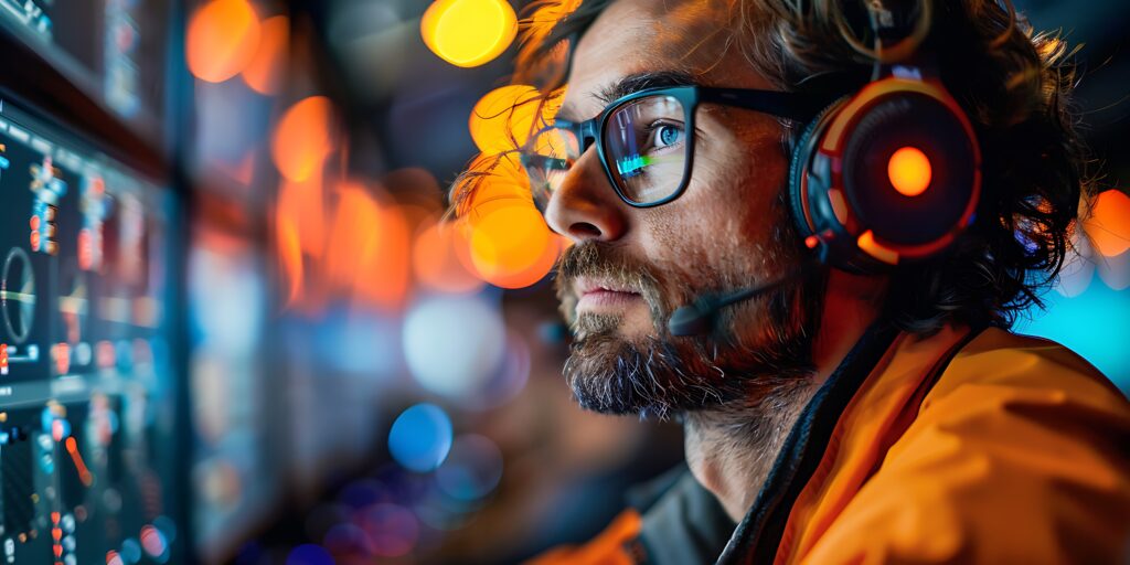 IT support engineer monitoring cybersecurity systems and network performance from a multi-screen workstation.
