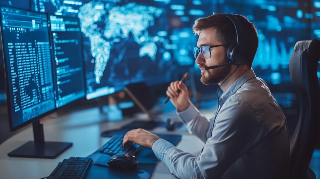 IT support engineer monitoring global network systems, cybersecurity alerts and technical operations across multiple screens.