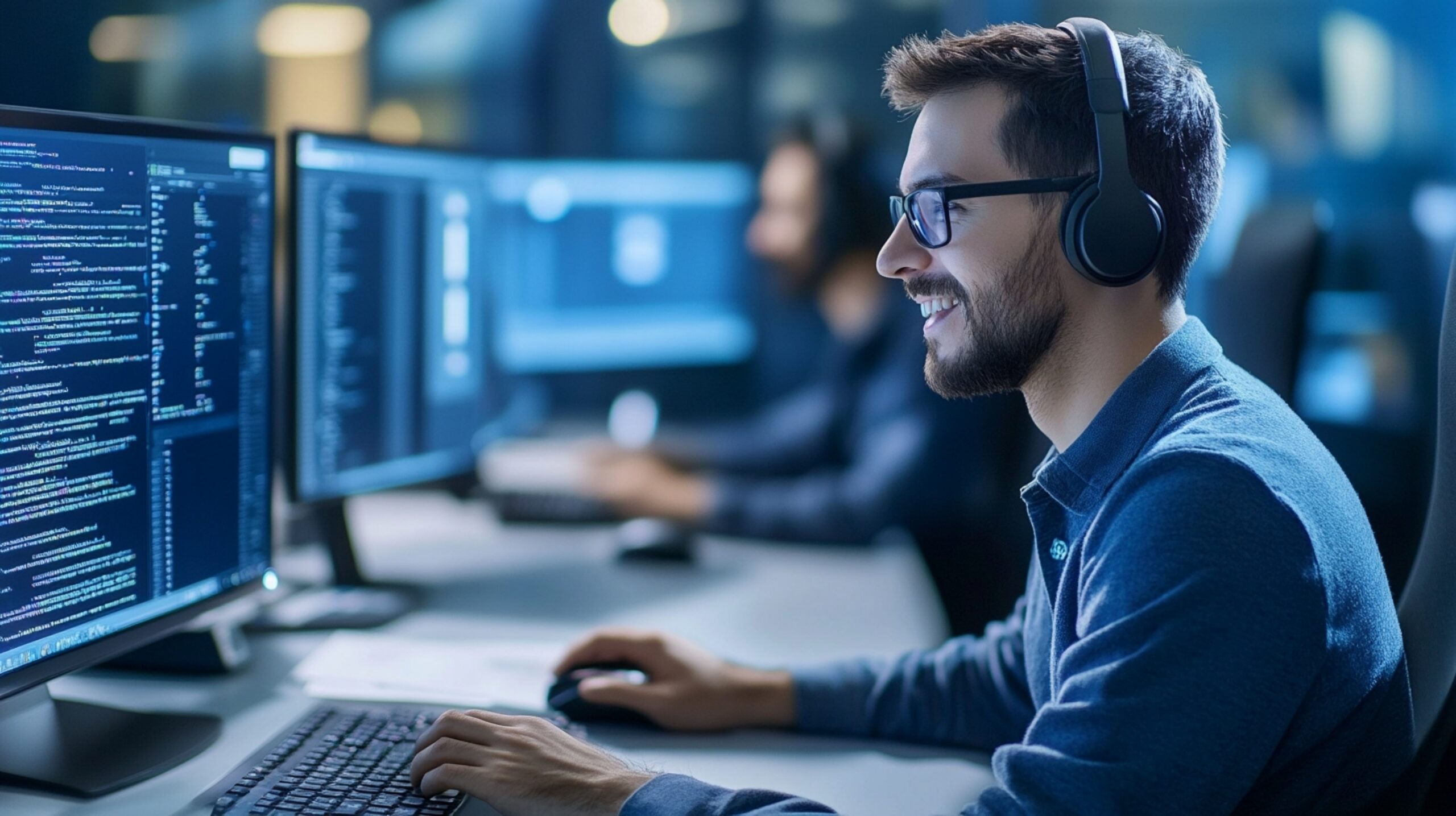 IT support engineer monitoring cybersecurity systems and providing technical support from a multi-screen workstation.